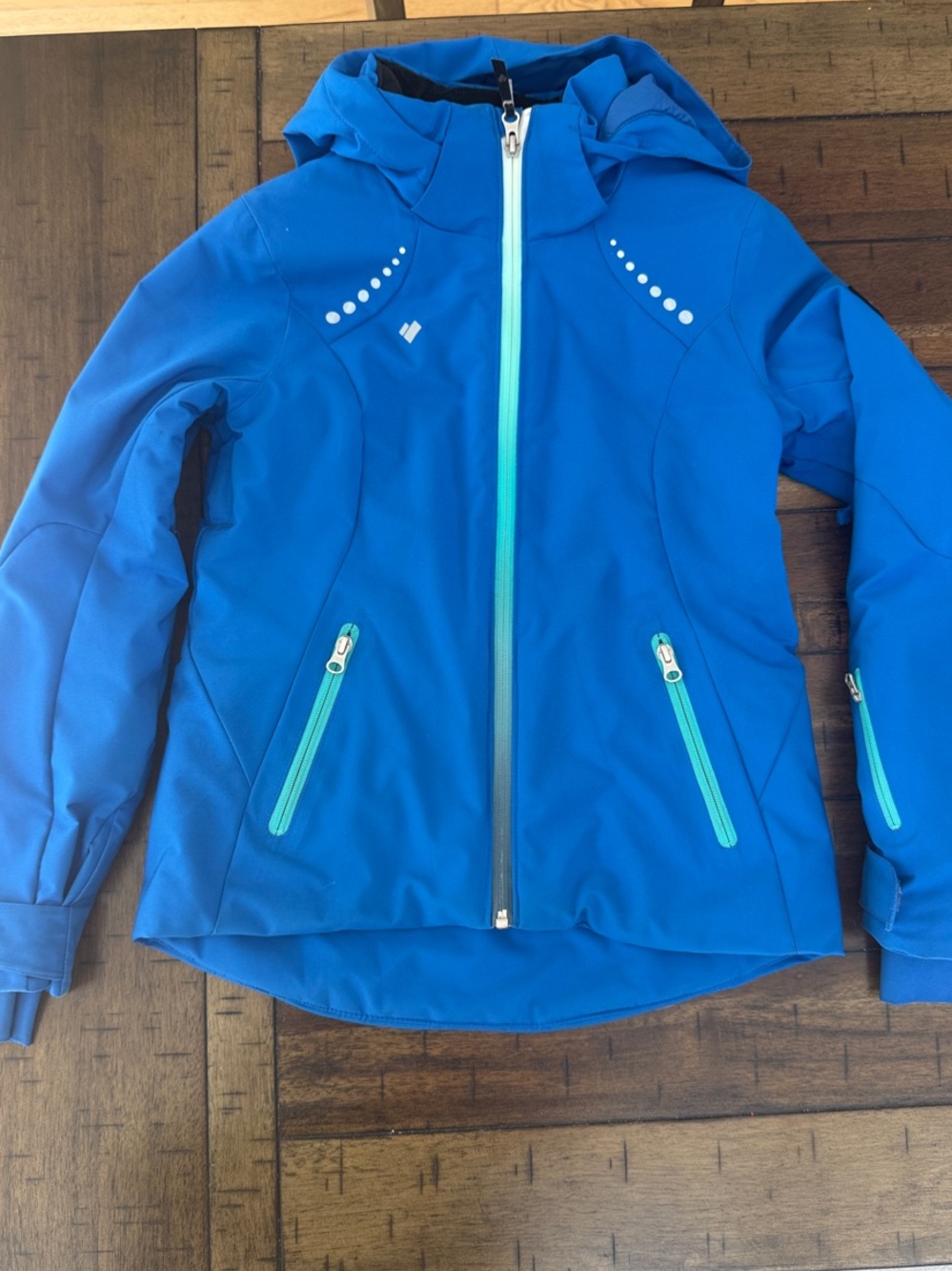 Obermeyer Royal Blue Hooded Softshell Jacket with Aqua Zippers